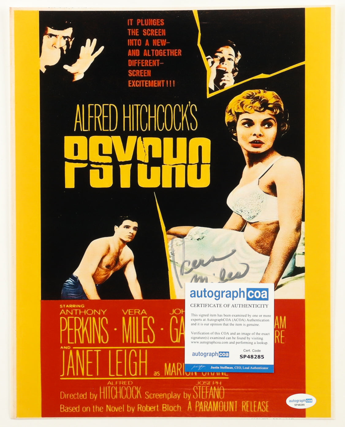 Vera Miles Signed (ACOA) "Psycho" 11x14 Movie Poster Photo - Lila Crane