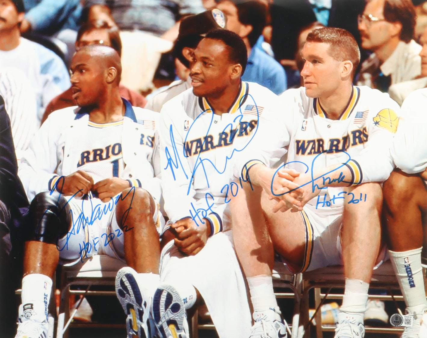 Tim Hardaway, Chris Mullin & Mitch Richmond Signed (Beckett) Warriors 16x20 Photo Inscribed "HOF 2022", "HOF 2011" & "HOF 2014" - Beckett Witnessed