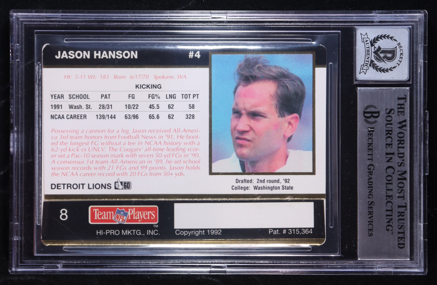 Jason Hanson Signed 1992 Action Packed Rookie Update #8 RC (BGS | Auto 10) Rookie Card | Autograph Graded 10