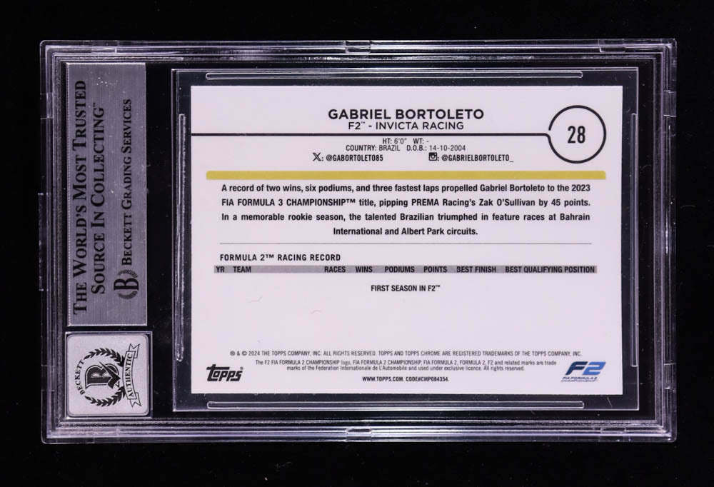 Gabriel Bortoleto Signed 2024 Topps Chrome Formula 1 #28 RC (BGS | Auto 10) Autograph Graded 10 - Rookie Card
