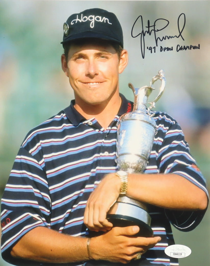 Justin Leonard Signed (JSA) 8x10 Photo Inscribed "'97 Open Champion"