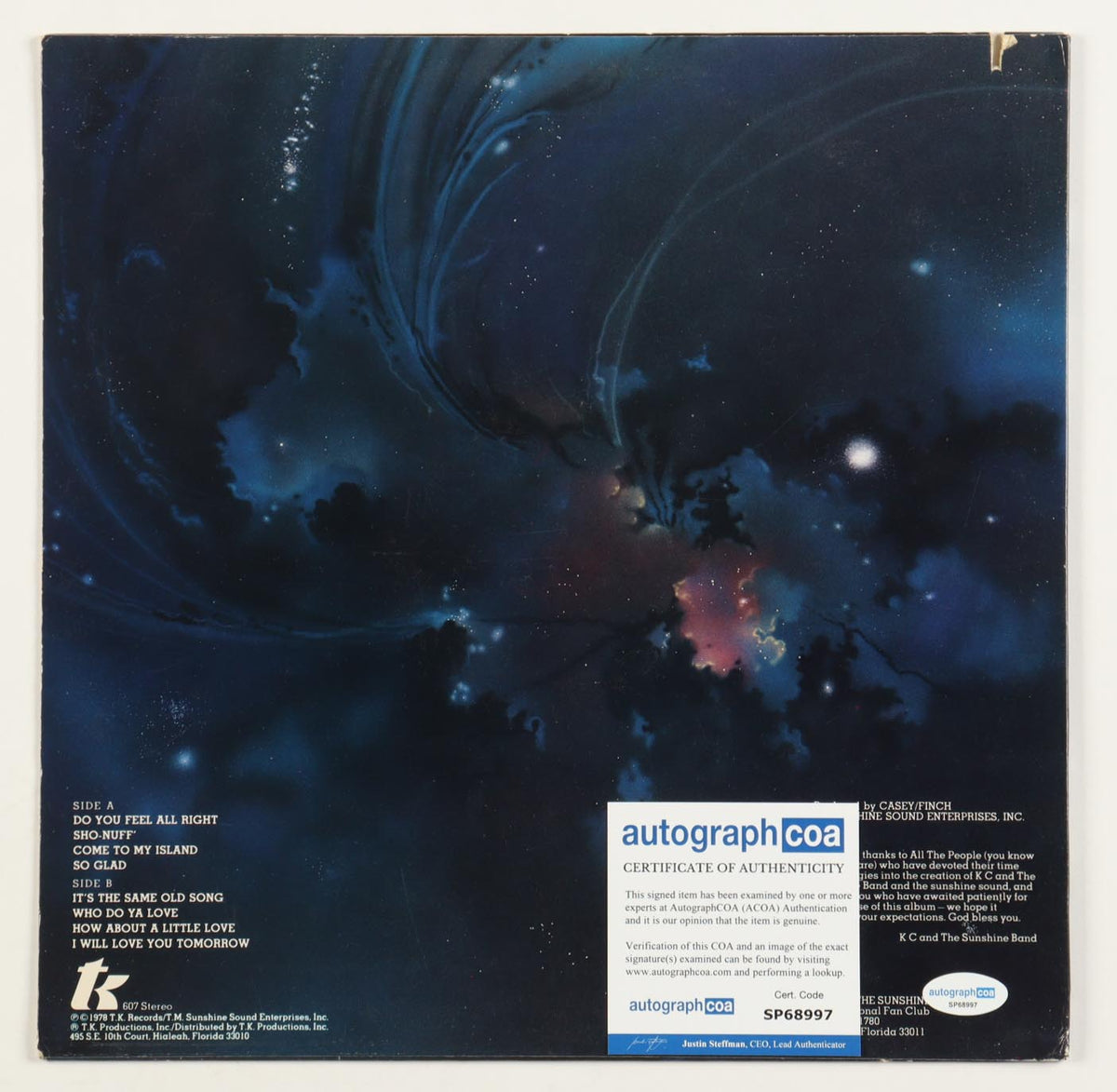 Harry Casey Signed (ACOA) "Who Do Ya (Love)" Vinyl Record Album Cover - KC and the Sunshine Band