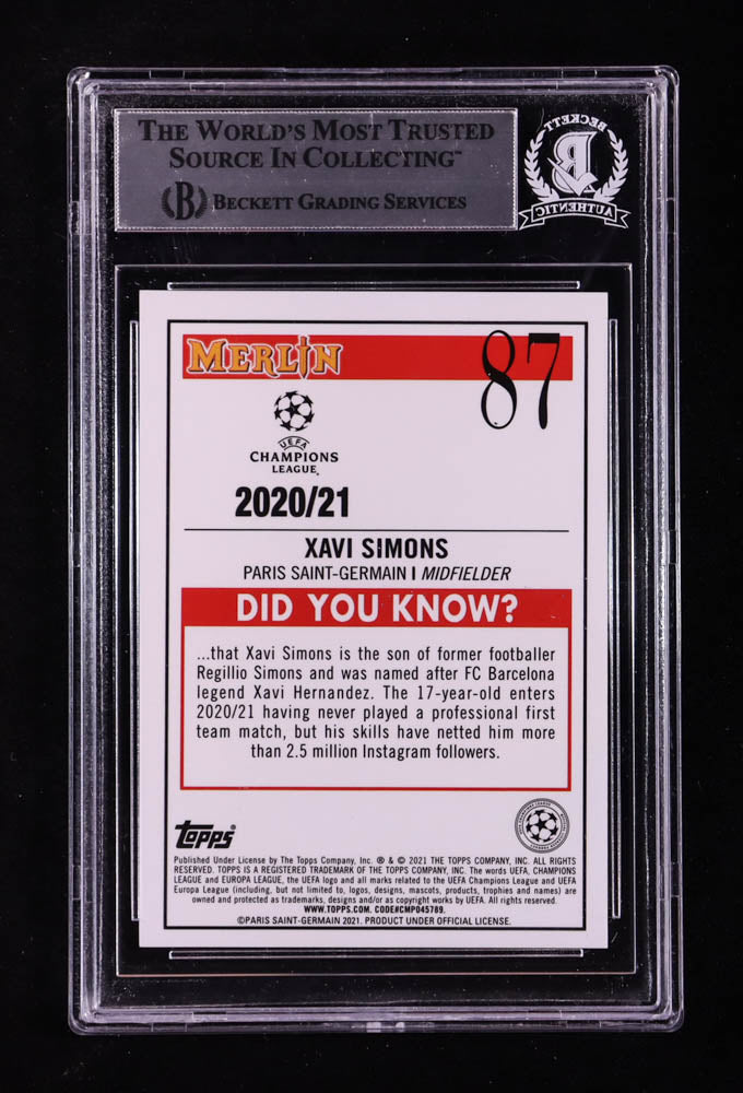 Xavi Simons Signed 2020-21 Merlin UEFA Champions League #87 RC (BGS) Rookie Card | Autograph Graded BGS Authentic | Beckett Witnessed