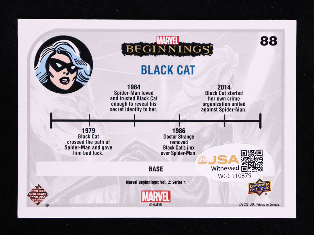 Erica Lindbeck Signed Black Cat 2022 Upper Deck Marvel Beginnings Volume 2 Series 1 #88 Inscribed "Black Cat" (JSA) JSA Witnessed