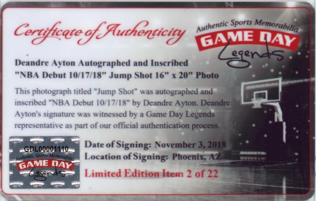 Deandre Ayton Signed Suns 16x20 Photo Inscribed "NBA Debut 10/17/18" (Game Day Legends & Steiner) Limited Edition # / 22