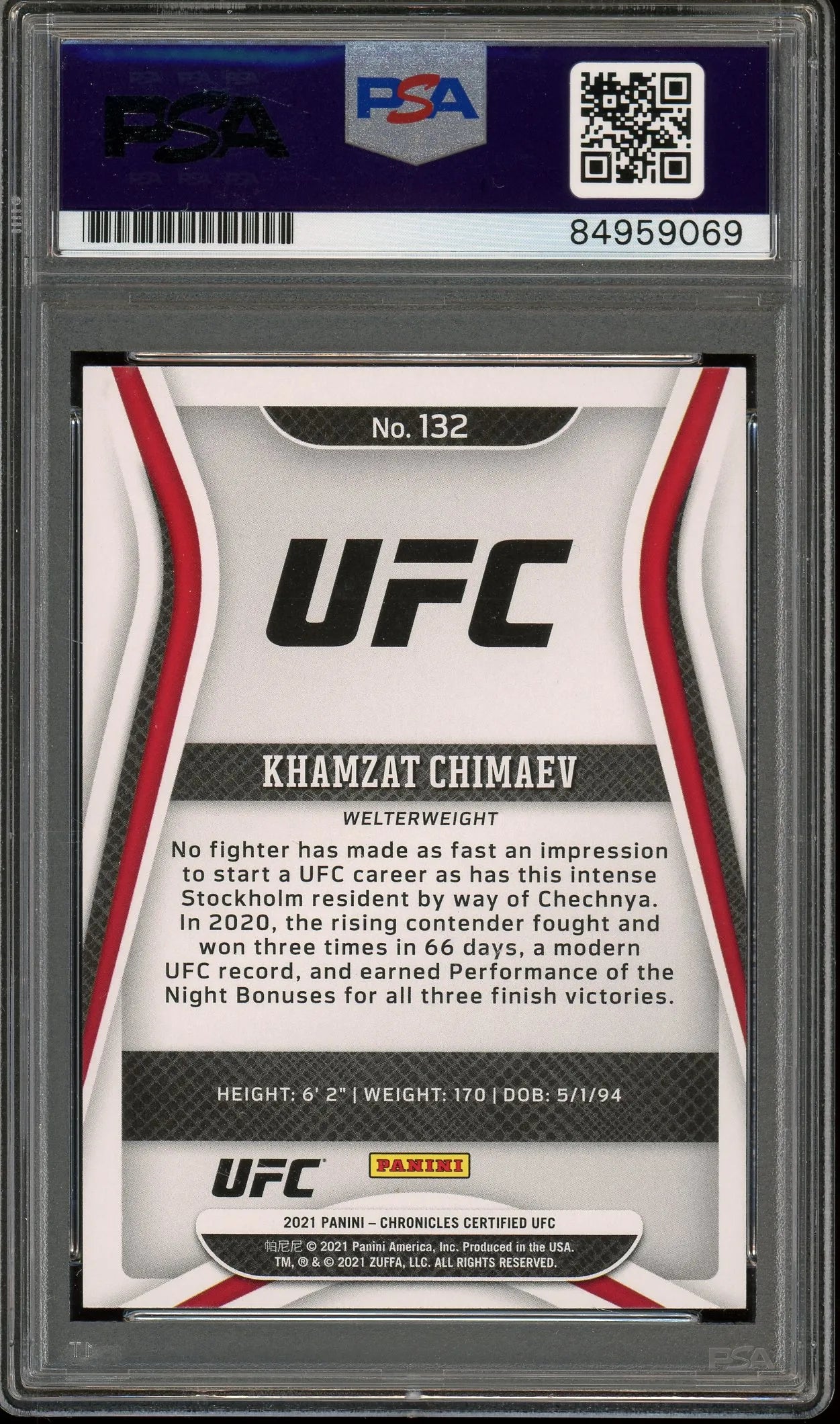 Khamzat Chimaev Signed 2021 Panini Chronicles Certified #132 RC – Auto Graded 10 (PSA) - Rookie Card
