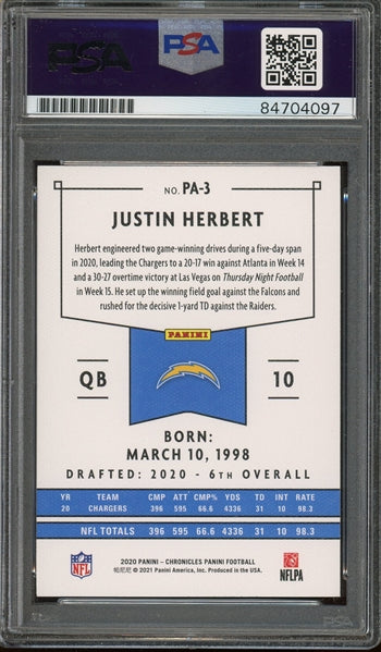 Justin Herbert Signed 2020 Panini Chronicles Panini RC #PA-3 - Auto Graded 10 (PSA) - Rookie Card