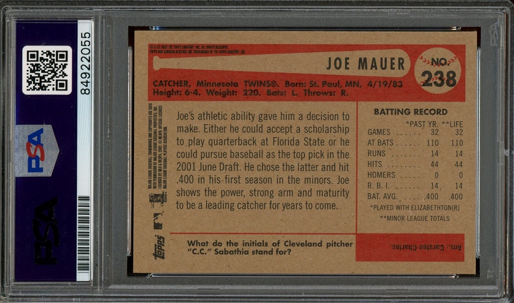 Joe Mauer Signed 2002 Bowman Heritage Rookie Baseball Card #238 (PSA/DNA Encapsulated)