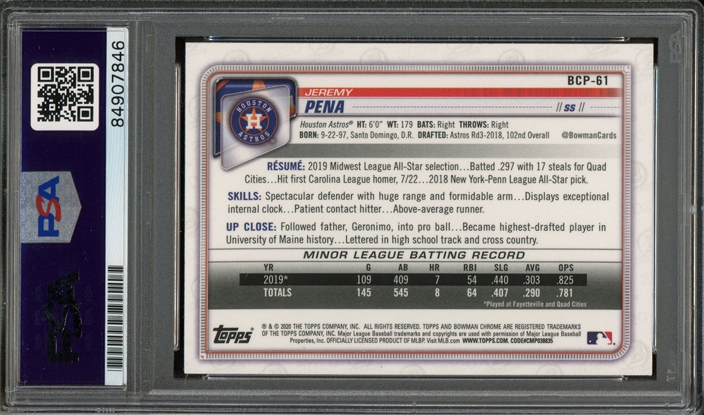 Jeremy Pena Signed 2020 Bowman Chrome Prospects Mega Refractor 1st Bowman RC #BCP-61 - Auto Graded 10 (PSA) - Rookie Card