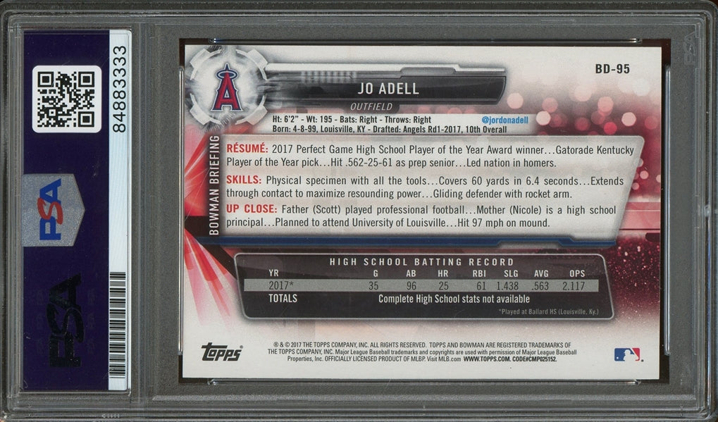 Jo Adell Signed 2017 Bowman Draft 1st Bowman RC #BD-95 - Auto Graded PSA 10 - Rookie Card