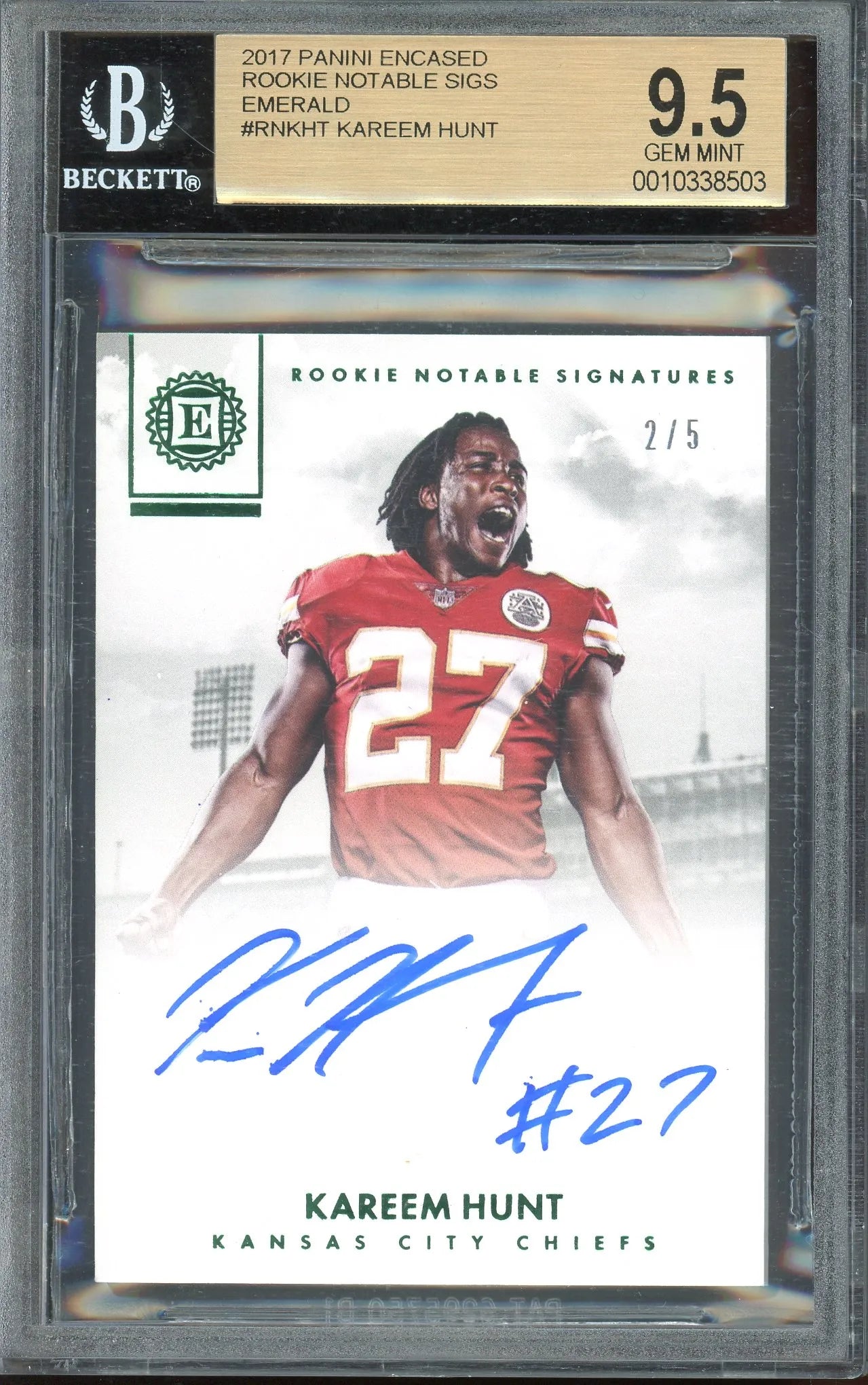Kareem Hunt 2017 Panini Encased Rookie Notable Signatures Emerald Autographed RC #RNKHT- #2 Of 5 - Graded BGS 9.5 Auto 10 - Rookie Card