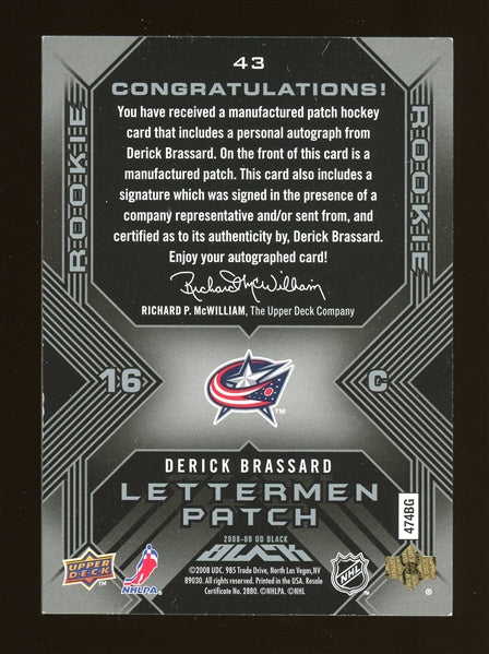 Derick Brassard 2008 UD Black Letterman Patch Autographed Relic Hockey Card #43 - #037/399