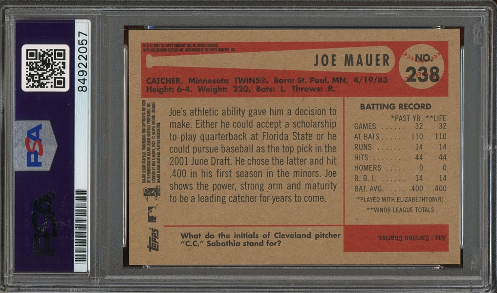 Joe Mauer Signed 2002 Bowman Heritage RC #238 (PSA/DNA) - Rookie Card