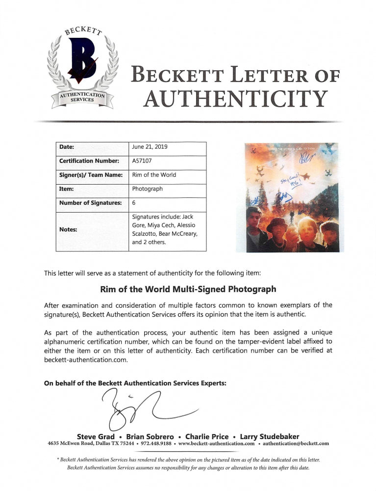 "Rim of the World" 12x18 Photo Cast-Signed (Beckett) by (6) with Jack Gore, Miya Cech, Alessio Scalzotto, Bear McCreary Inscribed "Stay Cool! McG!"