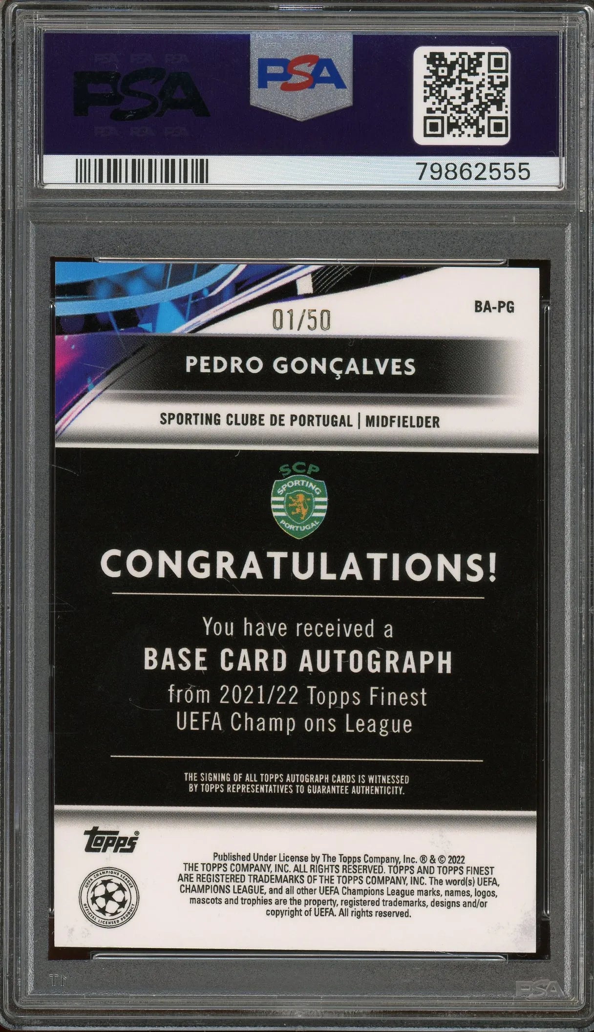 Pedro Goncalves 2021 Topps Finest UCL Gold Refractor Autograph #BAPG RC – #1 Of 50 – Graded 9 (PSA) with 10 Autograph - Rookie Card