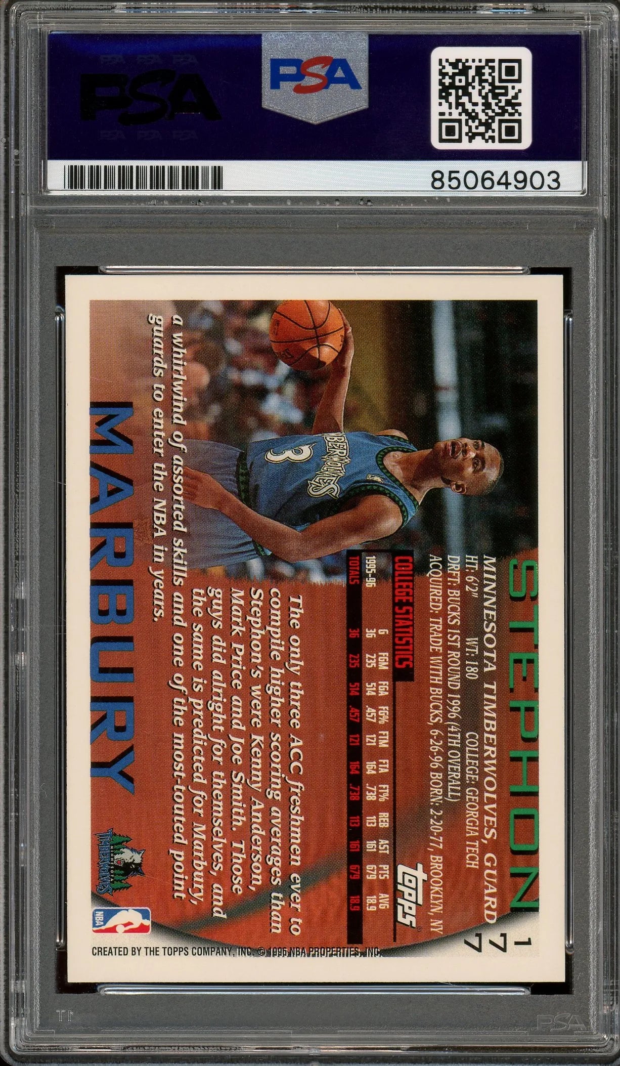 Stephon Marbury Signed 1996 Topps #177 RC (PSA) - Rookie Card