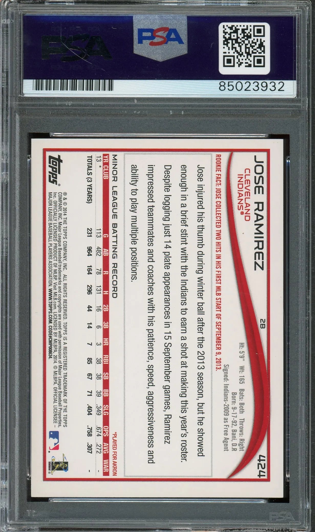 Jose Ramirez Signed 2014 Topps RC #424- Auto Graded PSA 10 - Rookie Card