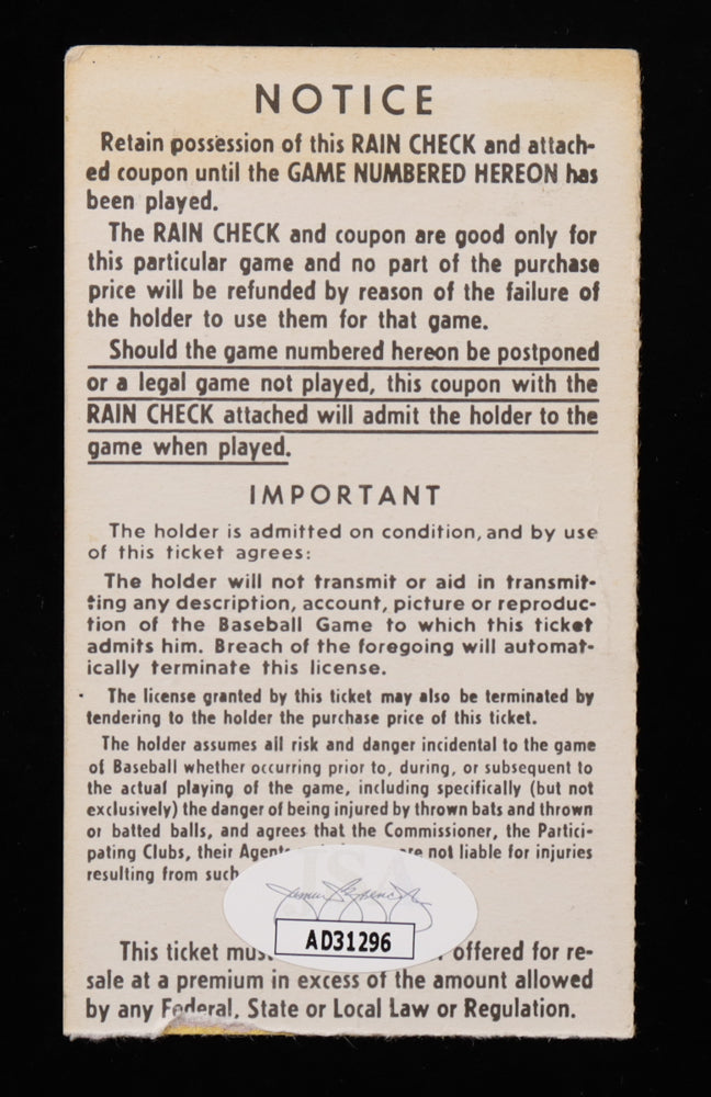 Mickey Lolich Signed (JSA) 1968 Detroit Tigers Rain Check Ticket with Multiple Inscriptions