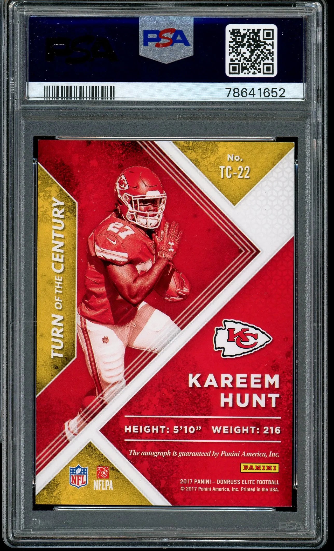 Kareem Hunt 2017 Panini Donruss Elite Turn Of The Century Orange Autograph #TC22 RC – #4 Of 10 – Graded Mint 9 (PSA) - Rookie Card