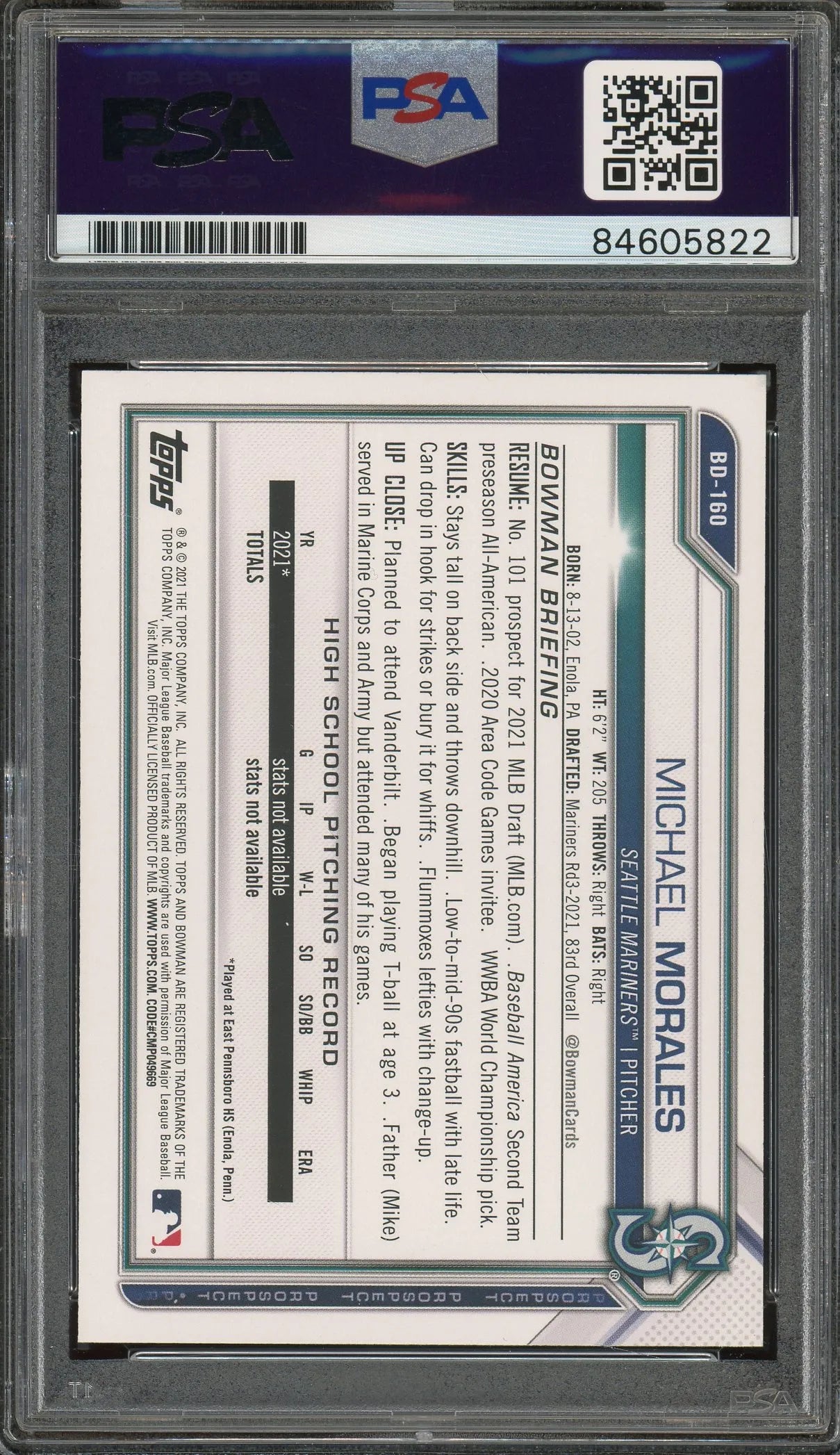 Michael Morales Signed 2021 Bowman Draft 1st Bowman Card #160 RC (PSA/DNA) - Rookie Card