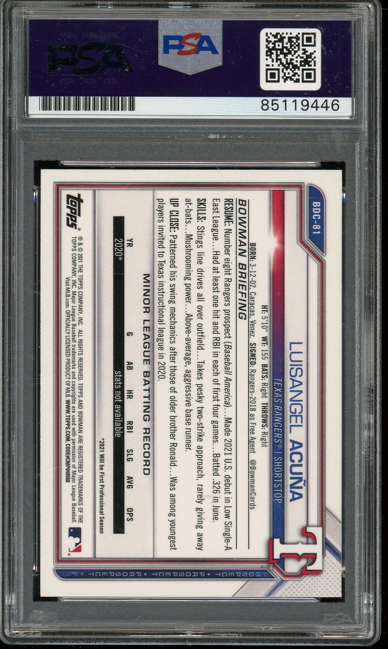 Luisangel Acuna Signed 2021 Bowman Draft Chrome #81 RC – Auto Gem Mint 10 (PSA) - Rookie Card