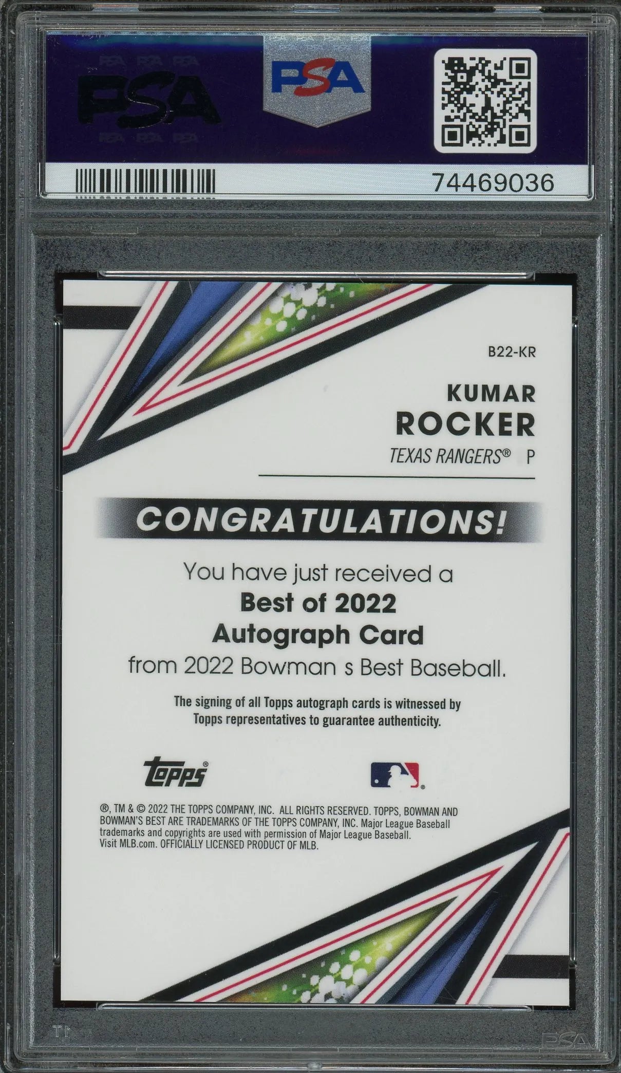 Kumar Rocker 2022 Bowman’s Best Best Of ’22 Gold Refractor Autograph – #1 Of 50 – PSA 9 with Authentic Autograph -