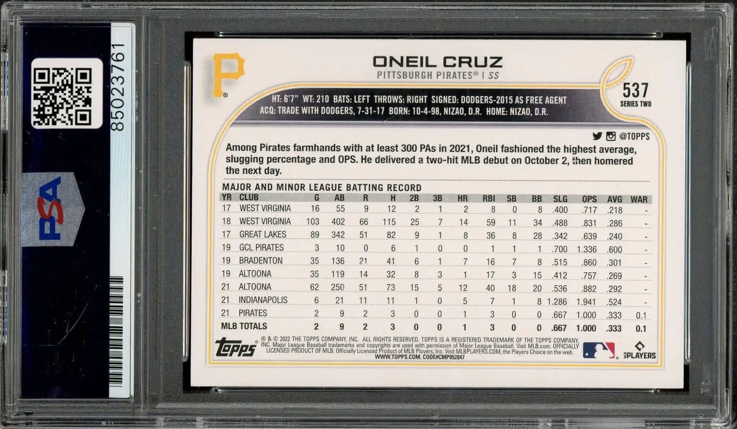 ONeil Cruz Signed 2022 Topps RC #537 – Auto Graded PSA 10 - Rookie Card