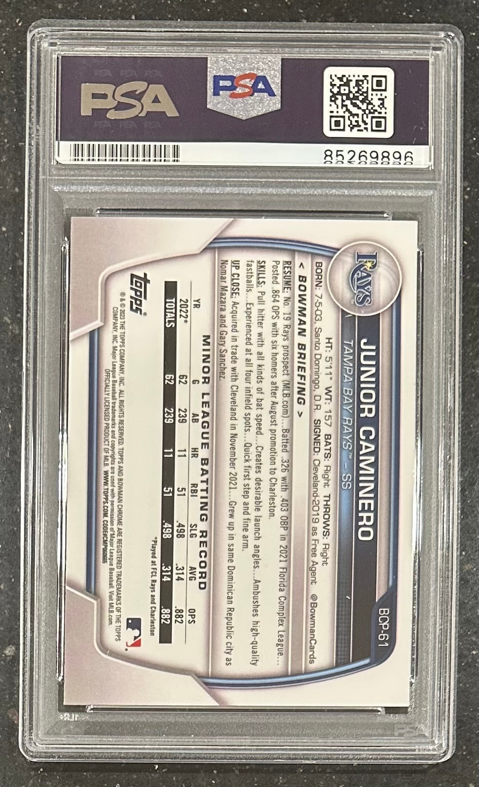 Junior Caminero Signed 2023 Bowman Chrome Prospects #BCP61 RC (PSA) Rookie Card