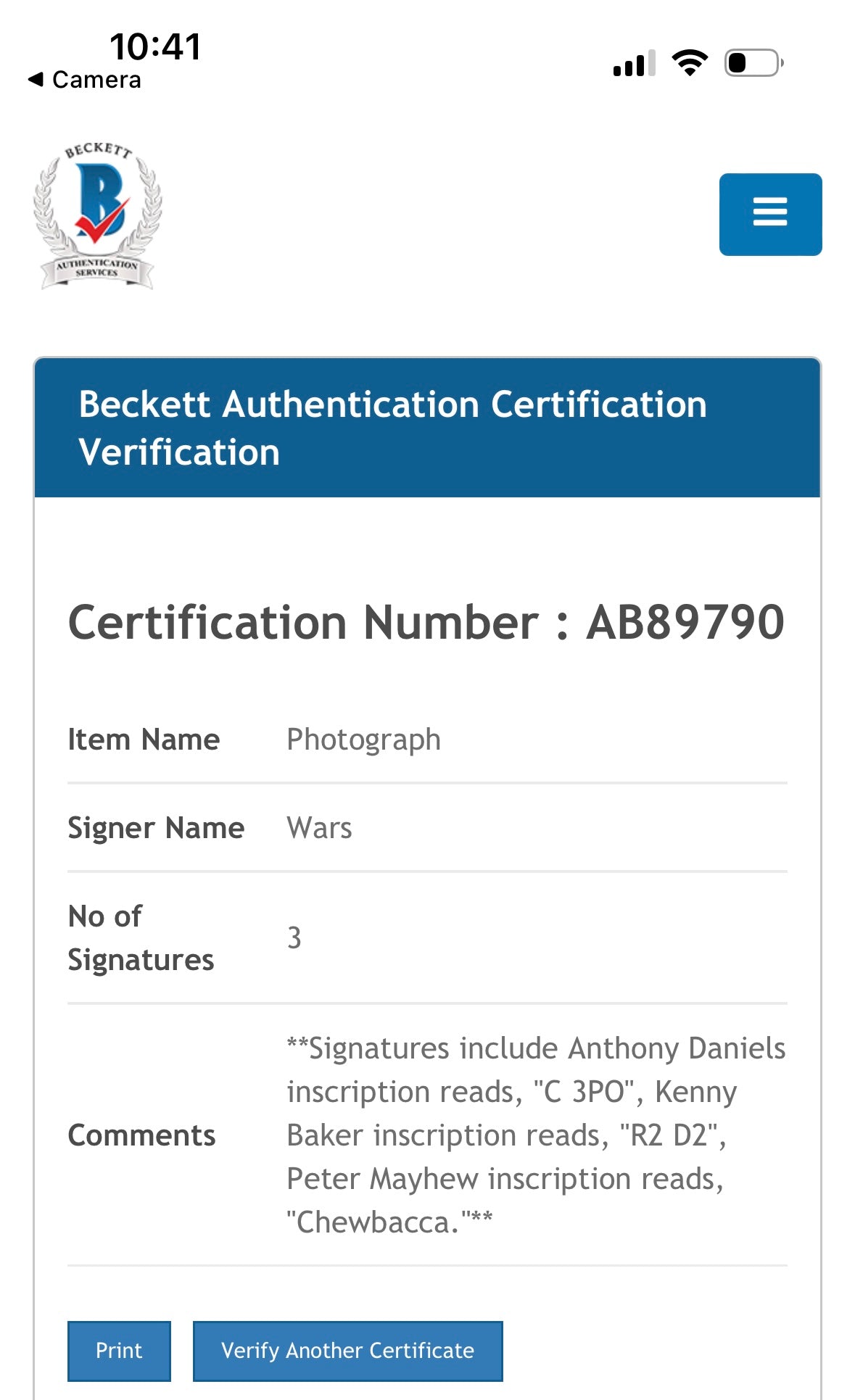 Anthony Daniels, Kenny Baker & Peter Mayhew Signed (Beckett) "Star Wars: Return of the Jedi" 8x10 Photo with Character Name Inscriptions