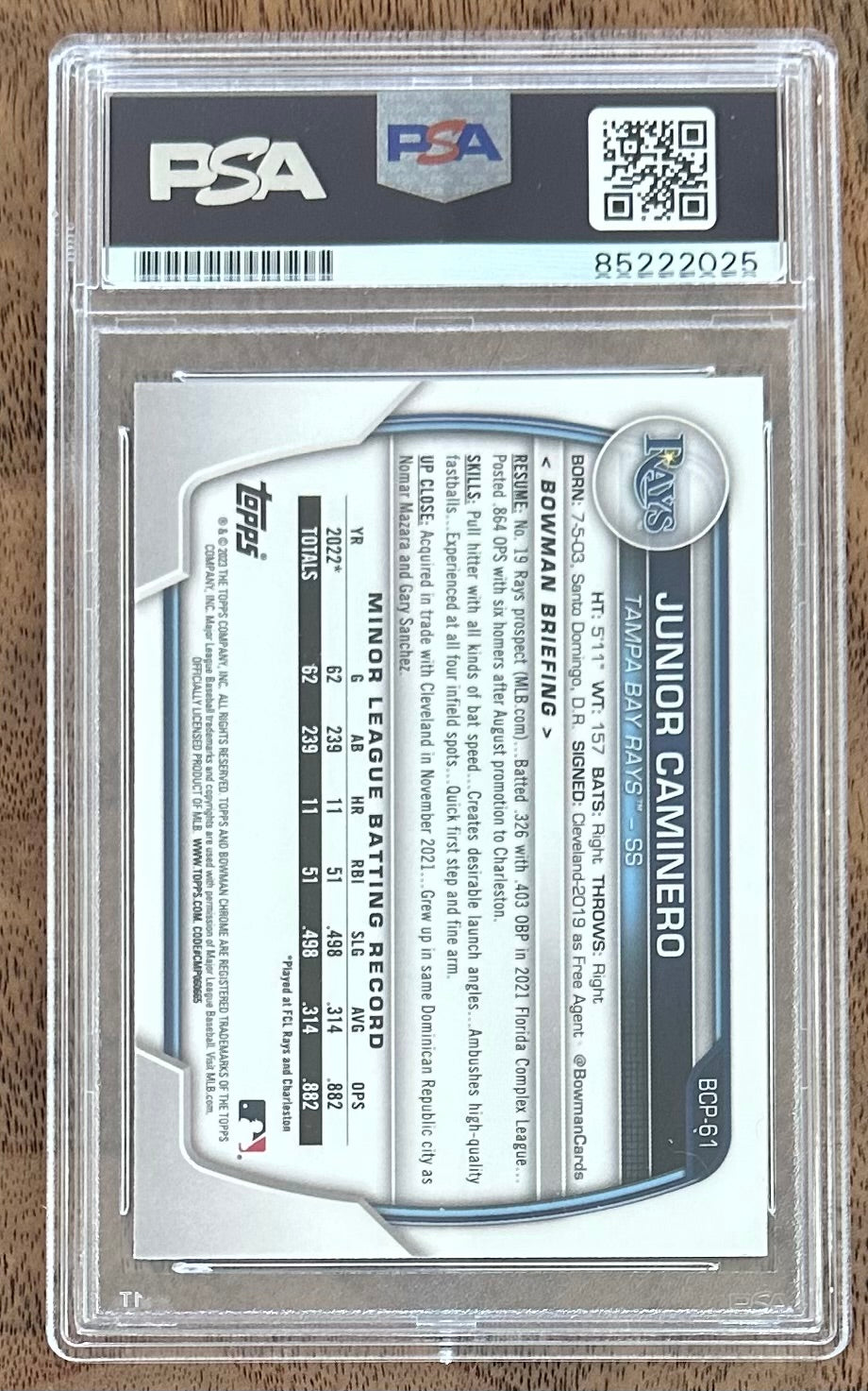 Junior Caminero Signed 2023 Bowman Chrome Prospects #BCP61 RC (PSA | Autograph Grade 10) Rookie Card