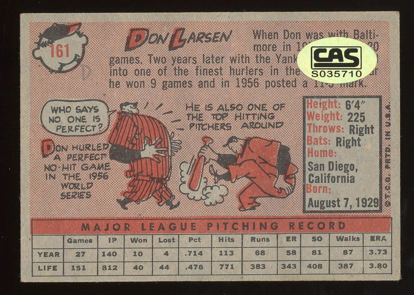 Don Larsen Signed 1958 Topps Card #161- CAS Authentic