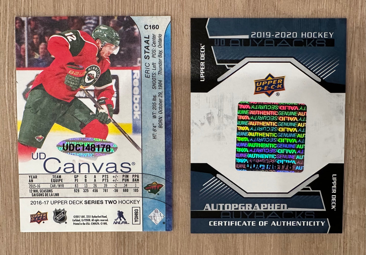 Eric Staal 2019-20 Upper Deck Buybacks Autographs '16-17 #C160 Serially Numbered #6 / 7