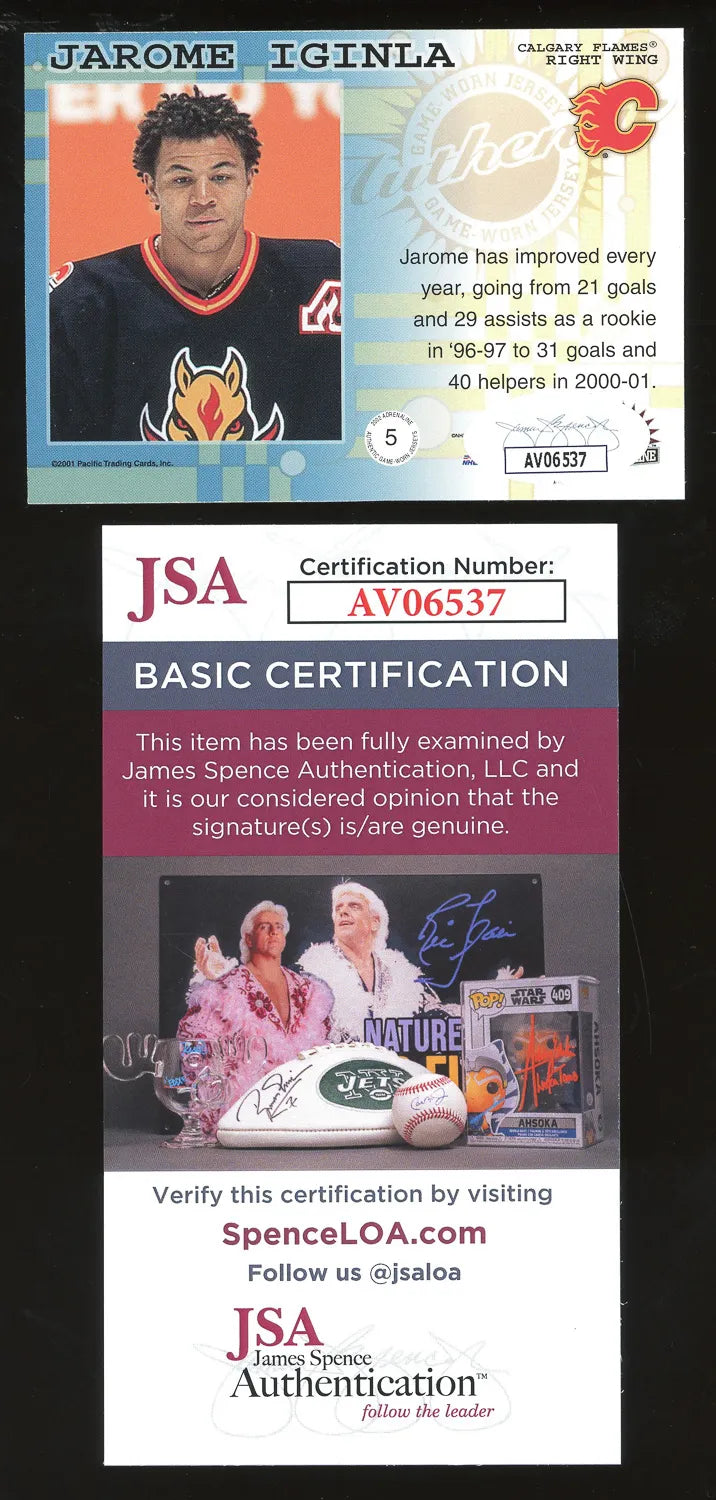 Jarome Iginla Signed 2002 Adrenaline Game Worn Jersey Relic Card #5 (JSA COA)