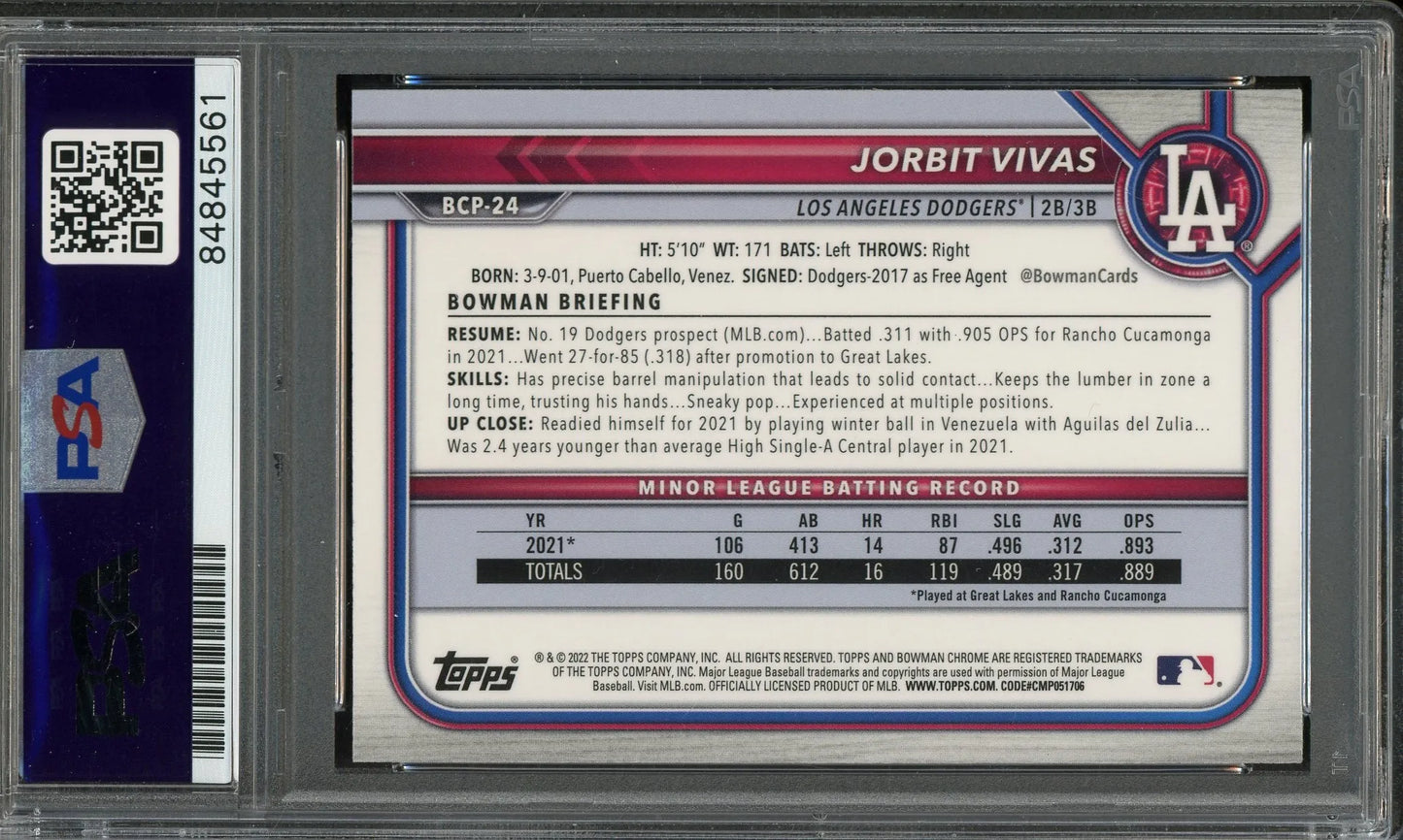 Jorbit Vivas Signed 2022 Bowman Chrome Prospects 1st Bowman Card #24 RC (PSA/DNA) - Rookie Card