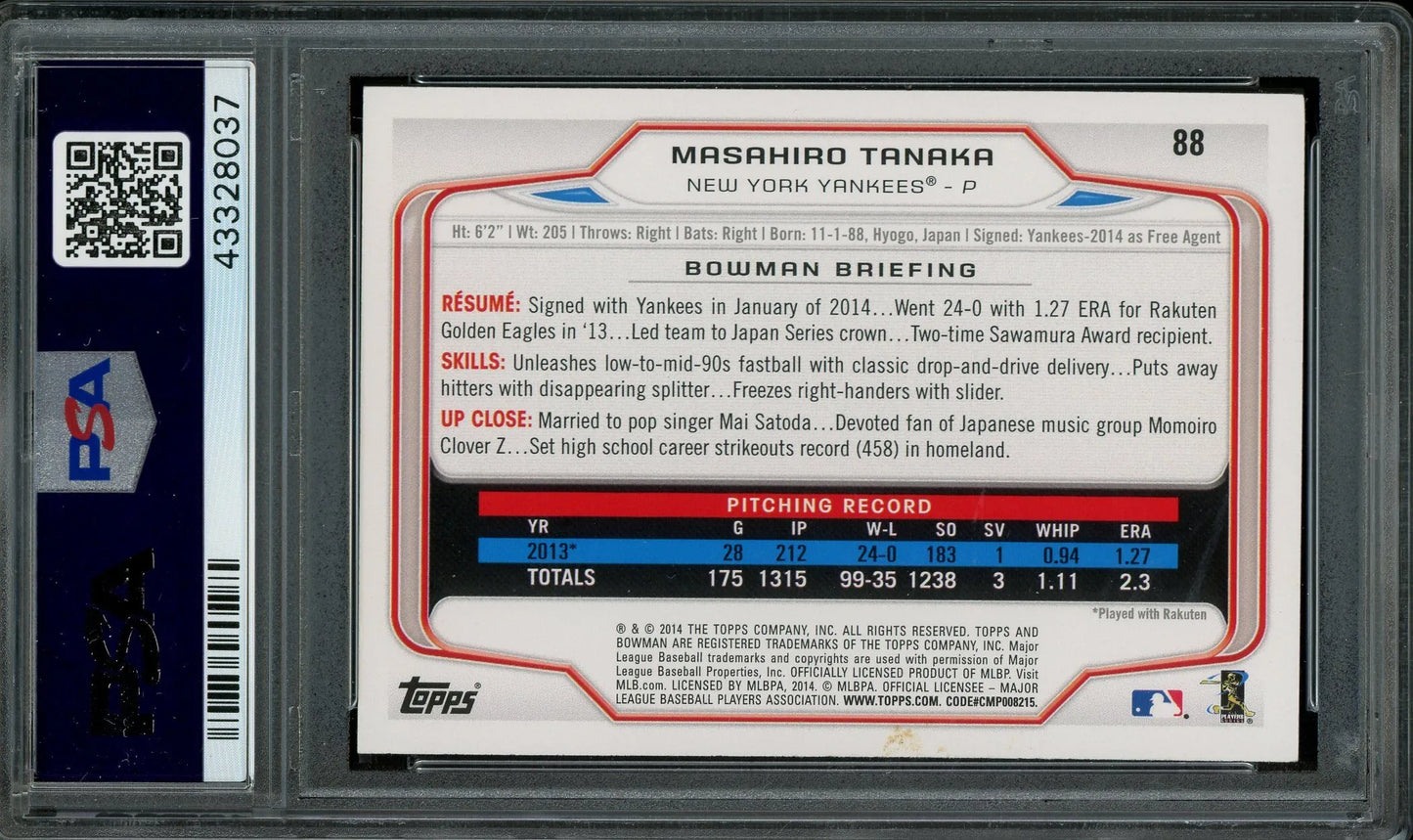 Masahiro Tanaka Signed 2014 Bowman Rookie Card #88 – PSA Authentic with Auto 10 (PSA/DNA) - RC