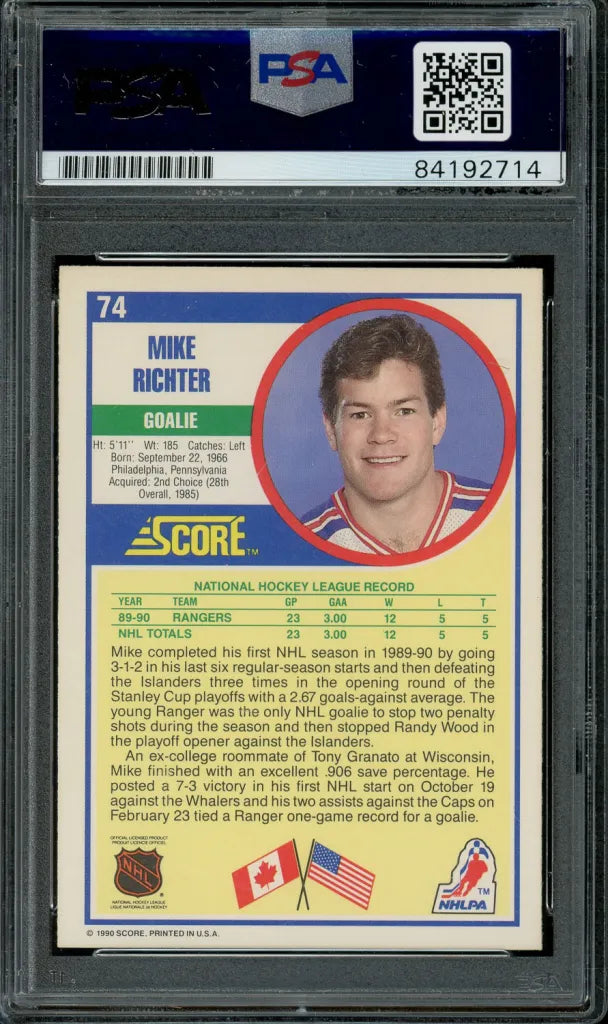 Mike Richter Signed 1990 Score Rookie Card #74 - PSA/DNA