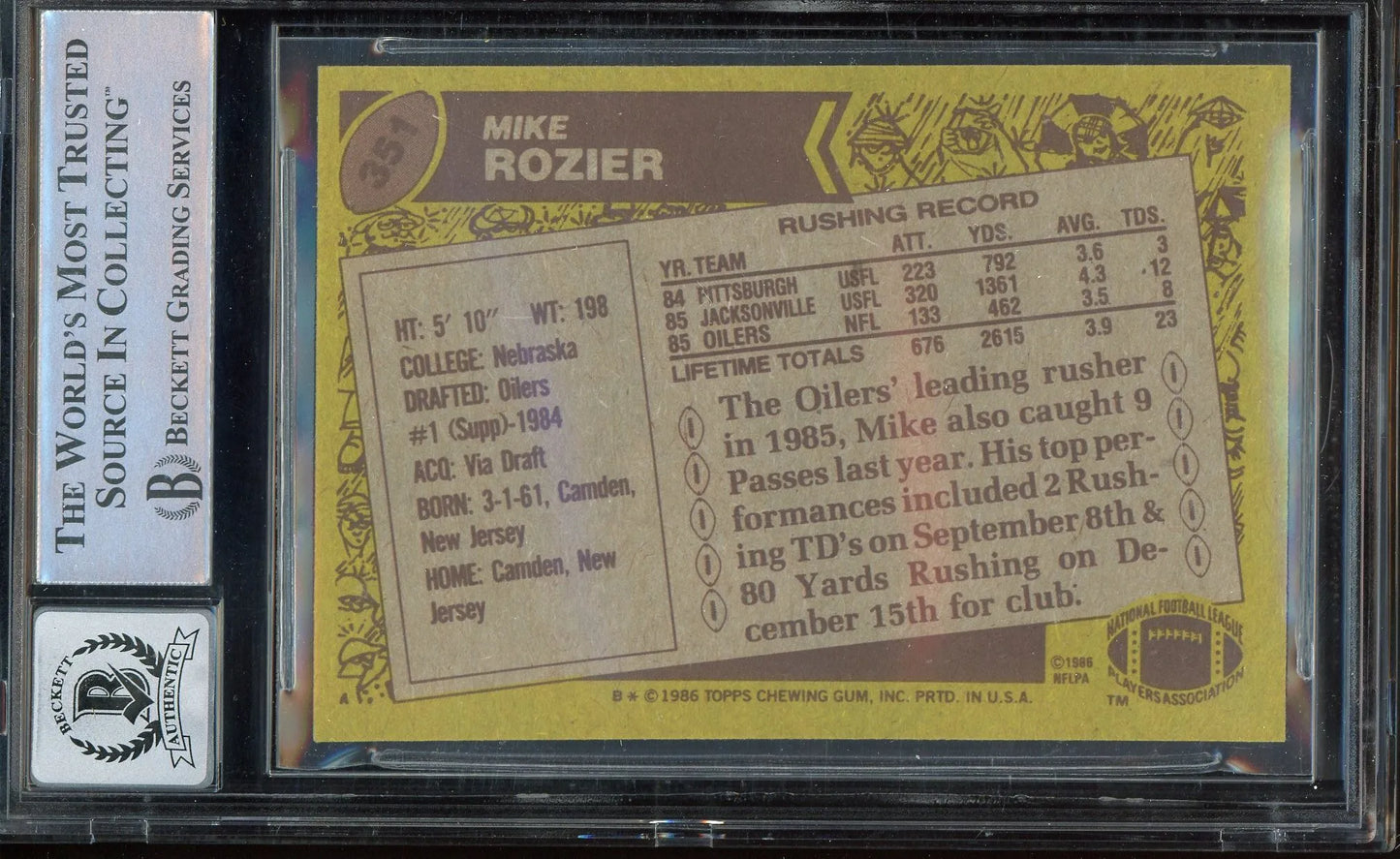 Mike Rozier Signed 1986 Topps Card #351 RC - BAS Authentic w/10 Auto - Rookie Card