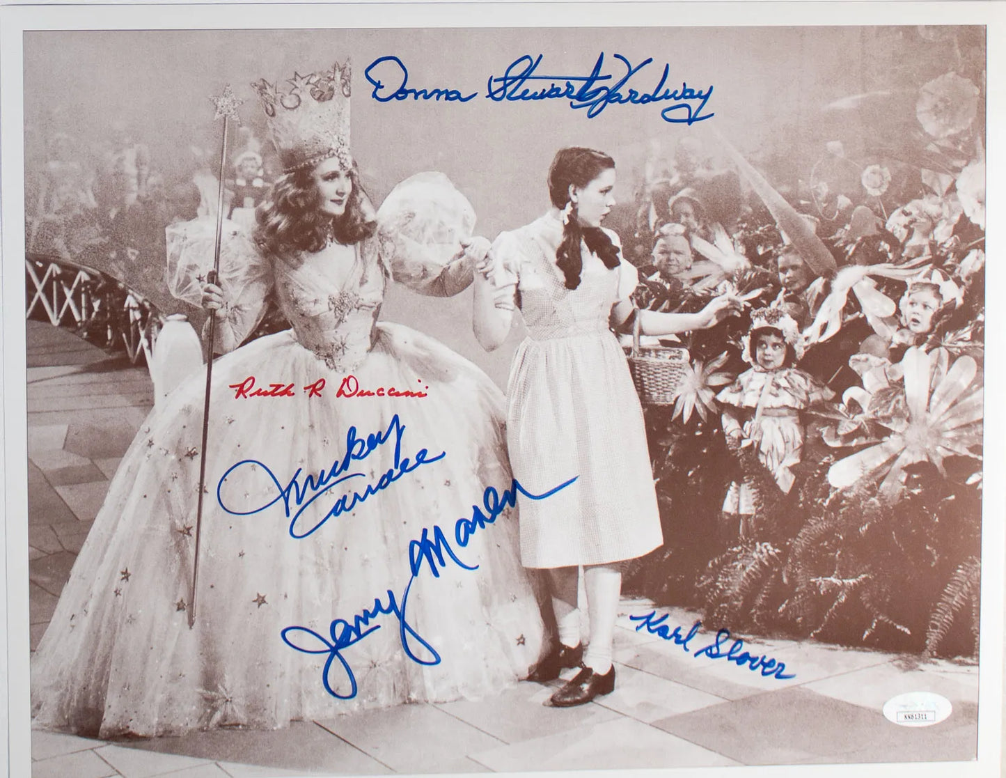Ruth Duccini, Jerry Maren, Donna Stewart Hardaway, Mickey Carroll & Karl Slover Signed (JSA COA)‘ Wizard of Oz’ 11×14 Photo