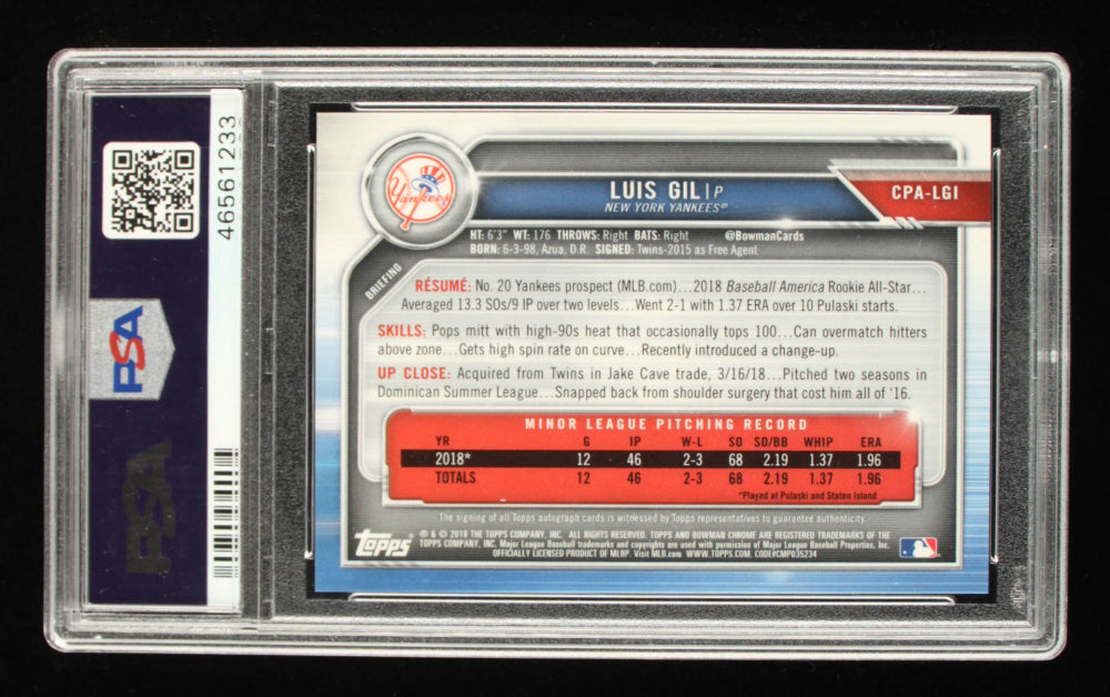 Luis Gil 2019 Bowman Chrome Prospect Autographs #CPALGI RC (PSA 10) - Rookie Card