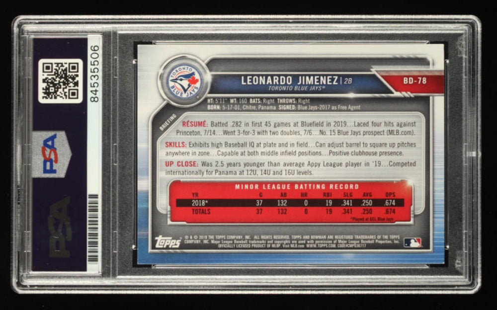 Leonardo Jimenez Signed 2019 Bowman Draft #BD78 RC (PSA) - Rookie Card