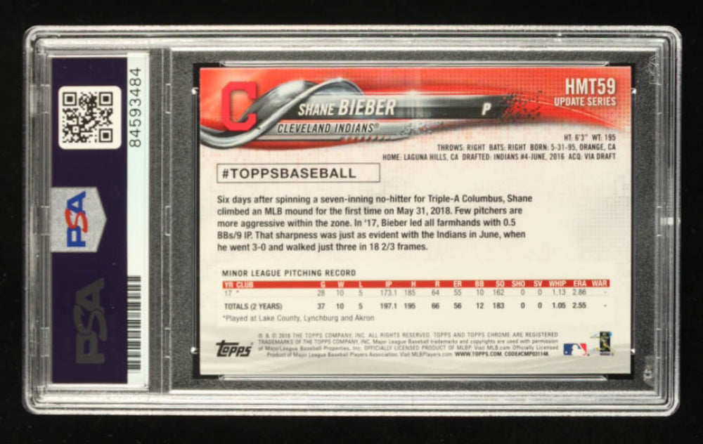 Shane Bieber Signed 2018 Topps Chrome Update #HMT59 RC Inscribed "2020 Triple Crown" (PSA) - Rookie Card