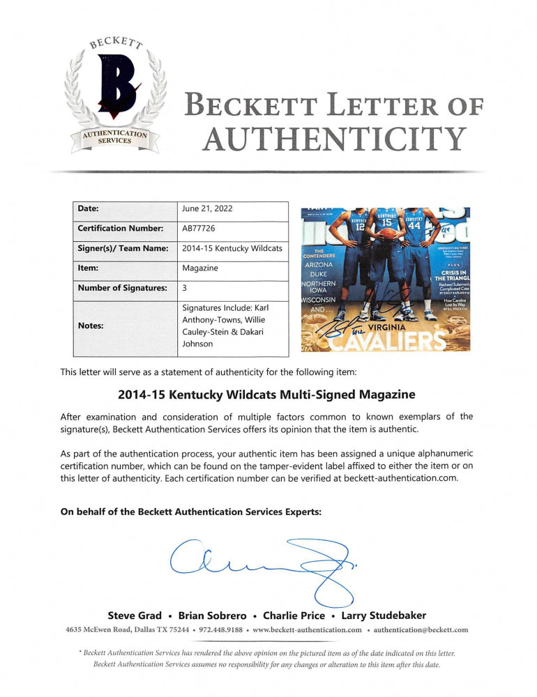 Karl Anthony-Towns, Willie Cauley-Stein & Dakari Johnson Signed 2015 "Sports Illustrated" Magazine (Beckett)