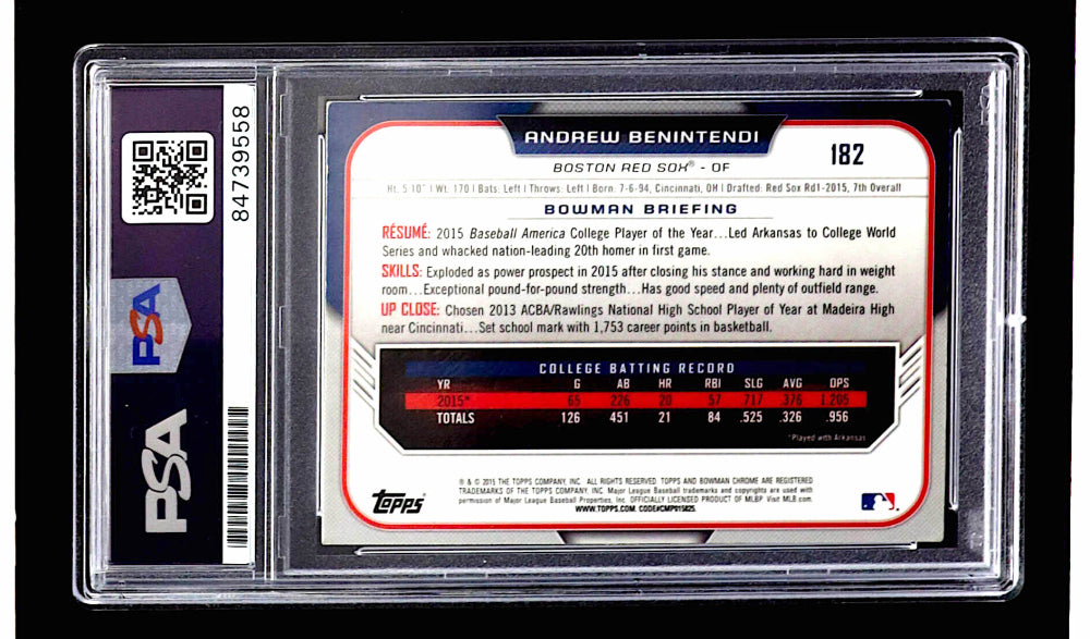 Andrew Benintendi Signed 2015 Bowman Chrome Draft #182 RC (PSA) - Rookie Card