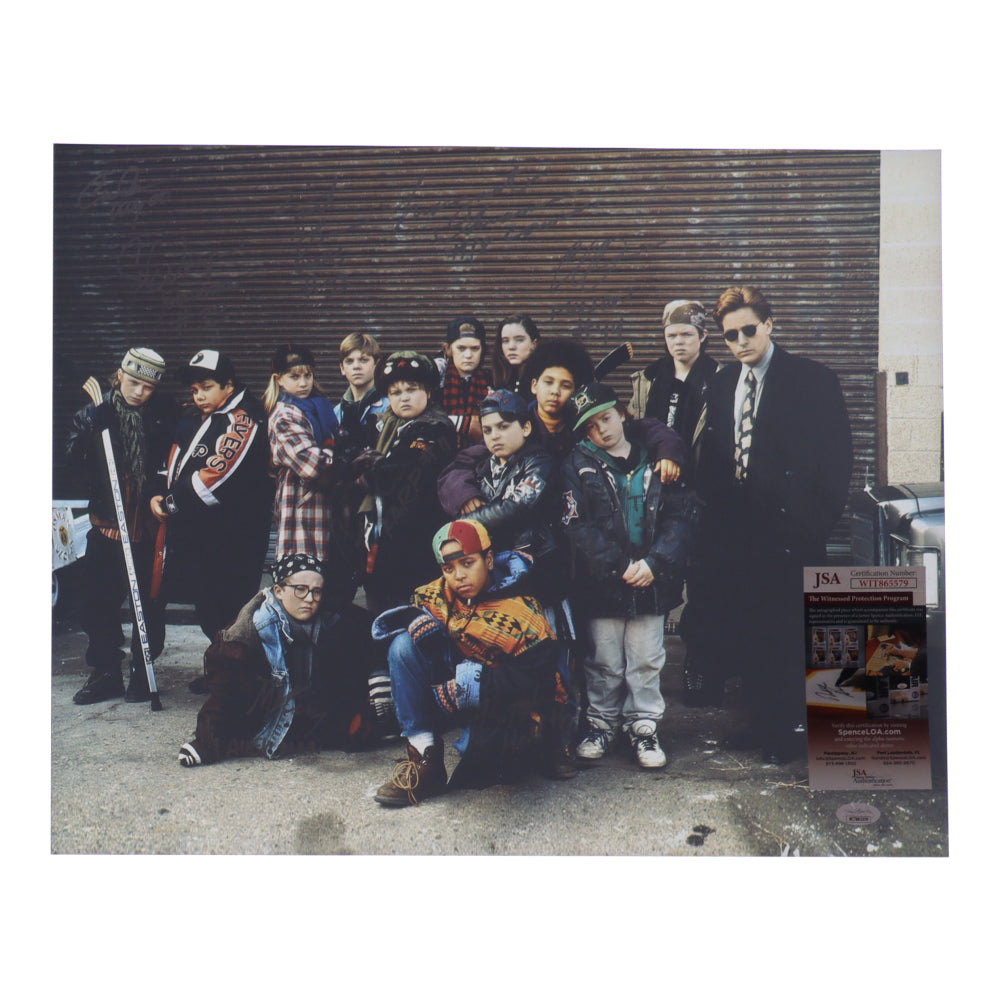 "The Mighty Ducks" 16x20 Photo Cast Signed (JSA) By (9) with Brandon Adams, Matt Doherty, Aaron Schwartz, Shaun Weiss with Character Inscriptions - JSA Witnessed