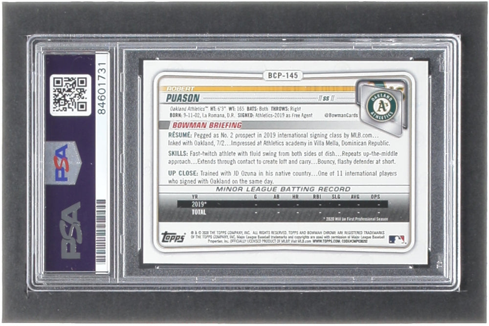 Robert Puason Signed 2020 Bowman Chrome Prospects #BCP145 RC (PSA) Auto PSA 10 - Rookie Card