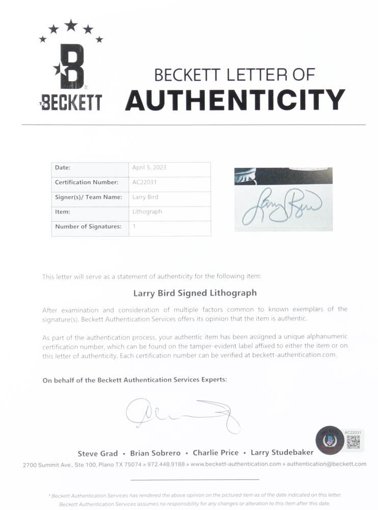Larry Bird Signed (Beckett) LE Celtics 27” x 32” Custom Framed Lithograph Display - Limited Edition # 395 / 1000