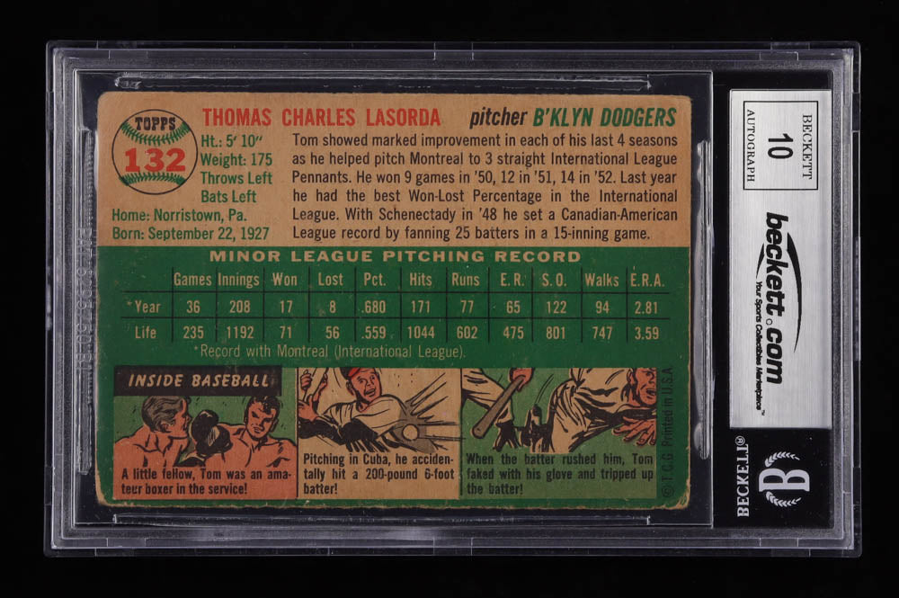 Tommy Lasorda Signed 1954 Topps #132 RC - Autograph Graded (BGS) 10 - Rookie Card
