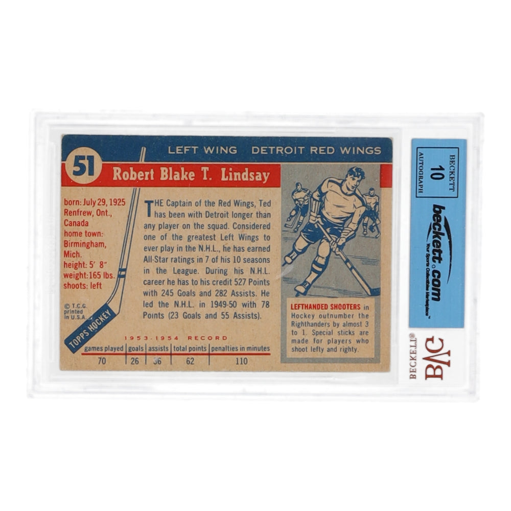 Ted Lindsay Signed 1954-55 Topps #51 Inscribed "H.H.O.F. 66" (BVG | Autograph Graded Beckett (BVG) 10