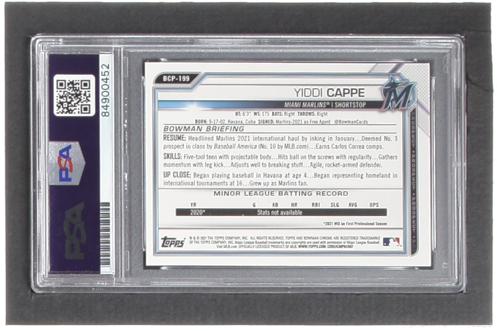 Yiddi Cappe Signed 2021 Bowman Chrome Prospects #BCP199 RC (PSA) - Rookie Card