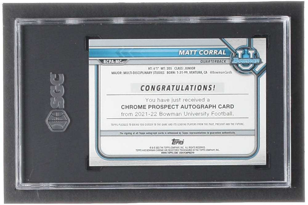 Matt Corral 2022 Bowman University Chrome Autographs #BCPAMC RC (SGC 10 | Auto 10) Rookie Card